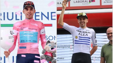 Thomas Silva, con la maglia rosa actual y el maillot de campeón de Uruguay en su etapa del Caja Rural-RGA.