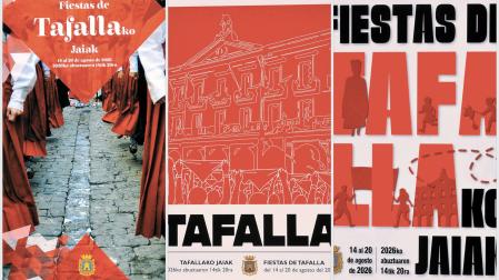 De izda. a dcha., 'Dantzatu', 'Txupinazo' y 'Esenzia', los finalistas que optan al cartel de las Fiestas de Tafalla 2026