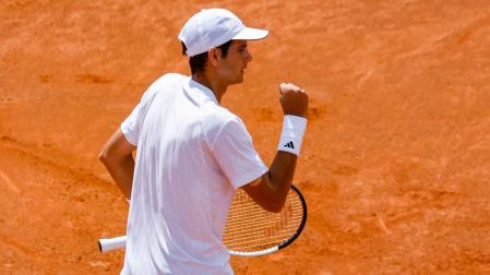 El tenista Rafael Jódar celebra un punto en el partido del torneo Masters 1000 de Roma frente al estadounidense Learner Tien