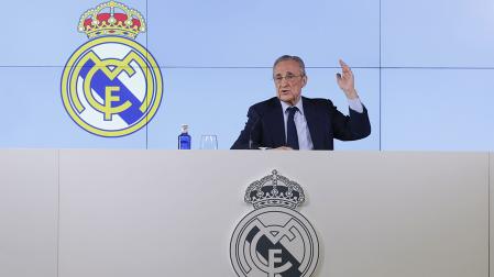 El presidente del Real Madrid, Florentino Pérez, durante la rueda de prensa este martes, 12 d emayo