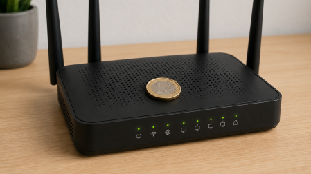 Imagen de un router wifi con una moneda de un euro encima