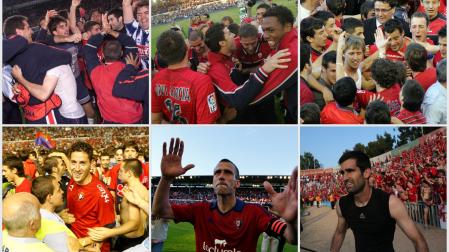 Arriba, la salvaciones en San Sebastián (2001), Santander (2008) y en El Sadar contra el Real Madrid (2009). Abajo, tras la permanencia contra el Villarreal (2011), descenso contra el Betis (2014) y salvación de Sabadell (2015).