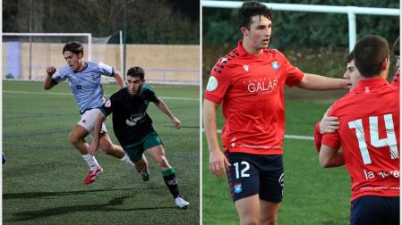 Los defensas Aitor Vélaz (izda.) y Aitor Saralegui (dcha.) marcaron los goles que han dado ventaja a sus equipos el Pamplona y el Subiza, respectivamente