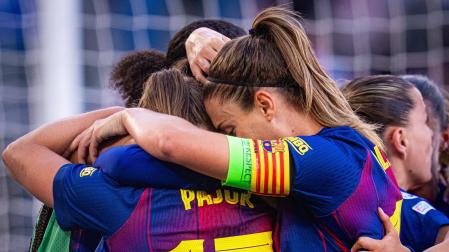 Las jugadoras del Barça Femení celebran uo de sus goles en la final de la Liga de Campeones Femenina 2026 contra el OL Lyonnes en Oslo