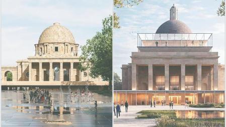 Las dos propuestas finalistas del concurso de Los Caídos: (izq) recreación del proyecto ‘Harriak hitz’, que mantiene las arquerías y elimina la linterna y los templetes de la cúpula en una disposición horizontal, y (dcha) el proyecto 'Hitzaletik Argira' liderado por Óscar Mongay plantea la entrada al futuro Museo memorial por la cripta, que desaparecería