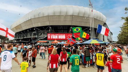 Representación conceptual de una zona de fans alrededor del Estadio Sports Illustrated en Harrison, Nueva Jersey (EE.UU.)