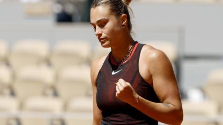 Sabalenka celebra un tanto en el partido ante la española Bouzas