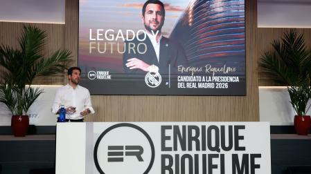 Enrique Riquelme, candidato a la presidencia a las elecciones del Real Madrid el próximo 7 de junio, presenta este miércoles su proyecto social
