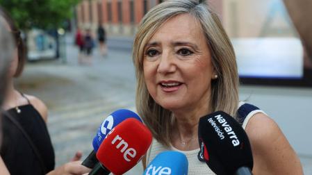 Cristina Ibarrola, presidenta de UPN, comparece ante los periodistas antes de entrar en el Parlamento Foral