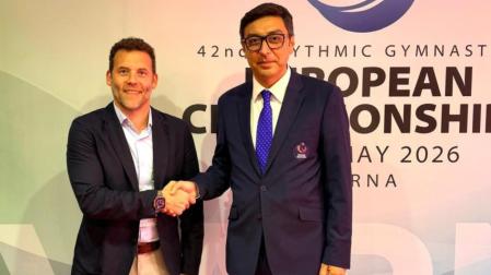 Jesús Carballo (Presidente de la RFEG) y Farid Gayiboy (Presidente de la European Gymnastics), tras la firma del acuerdo