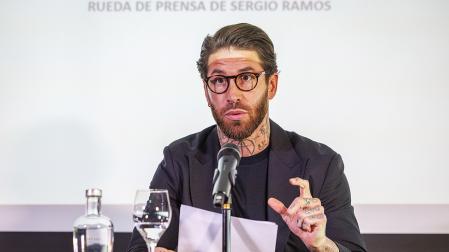 Sergio Ramos, como cabeza visible del fondo de inversión Five Eleven Capital interesado en la compraventa del Sevilla, durante la conferencia de prensa este lunes, 1 de junio