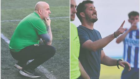 A la izda., Miguel Ángel Sierra en el área técnica de Merkatondoa. A la dcha., Julen Etxebeste da instrucciones a uno de sus jugadores en el duelo de ida