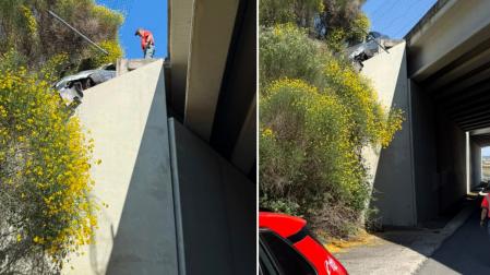 Pierde el control del coche debido al sueño y queda a punto de caer por un viaducto en Puente la Reina