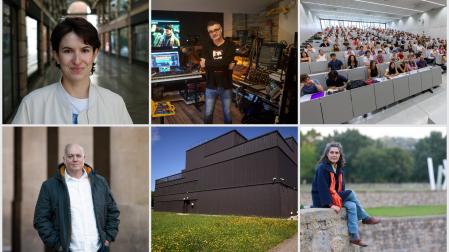 Arriba, de izquierda a derecha, Irati Gorostidi, Mikel Salas y Facultad de Comunicación de la Universidad de Navarra. Debajo, de izquierda a derecha, Iñaki Alforja, Estudios Midnight Fear Factory en Lekaroz y Ana Díez