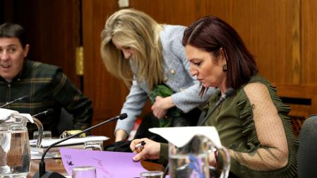 La edil de Hacienda, Cristina Pérez, en un pleno entre sus compañeros Rafa Villanueva y Azucena Polo.