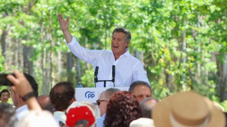 El presidente del PP, Alberto Núñez Feijóo, este sábado en la tradicional Romería de O Pino, en A Coruña