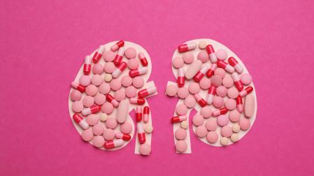 Paper cutout of kidneys with pills on magenta background, top view