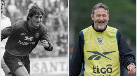 Thomas Christiansen, en una imagen en El Sadar en 1994 con la camiseta de Osasuna y en otra actual dirigiendo a Panamá en una sesión en el Mundial