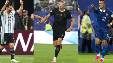 Combo de fotografías que muestran a los jugadores Lionel Messi (izda) de Argentina, Erling Haaland (centro) de Noruega, y Kylian Mbappe de Francia celebrando goles este Mundial 2026