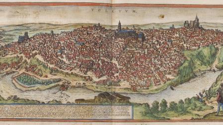 Ilustración de cómo era Toledo en el siglo XVI, tal y como consta en el Civitates Orbis Terrarum de 1572, una colección de vistas panorámicas, planos y comentarios textuales de diferentes ciudades