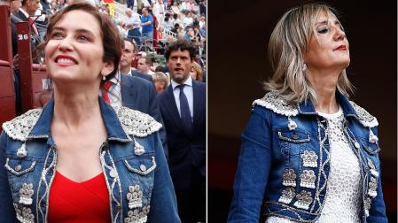 Isabel Díaz Ayuso (izda.) en una imagen publicada por Mujer Hoy, con la cazadora que Cristina Ibarrola (dcha..) lució en la corrida del jueves 9 de julio de 2026