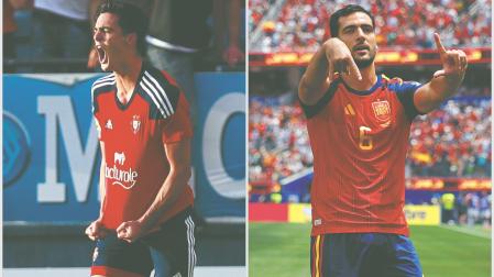 En la imagen de la izquierda Mikel Merino celebra un gol ante el Nàstic de Tarragona (2016). A la derecha el pamplonés, tras anotar contra Bélgica en el Mundial (2026).