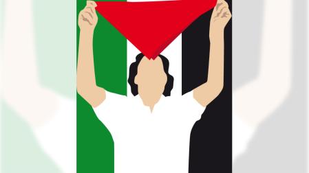 Imagen con un pañuelo de San Fermín con la bandera de Palestina de fondo