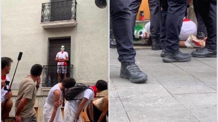 El Joker, a la izda., subido en un balcón de la plaza Consistorial; a la dcha. reducido por la Policía Municipal