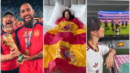 Borja Iglesias junto Javier Bardem con la Copa del Mundo, Aitana tras la victoria de la Eurocopa y Rosalia