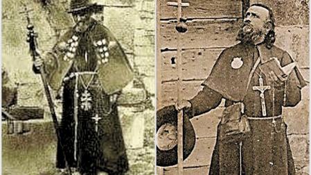 A la izda., peregrino en Roncesvalles con múltiples aderezos. A su lado, peregrino alemán en Roncesvalles en 1910