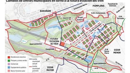 Mapa con los cambios de los límites municipales en torno a la futura estación de tren