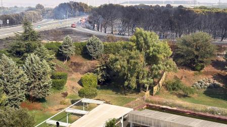 Fotos del incendio en un pinar junto a la autopista A-68 que obligó a desalojar el hotel Villa Castejón