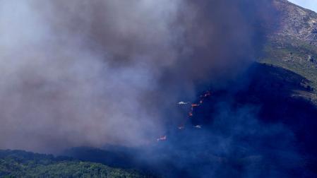 Medios aéreos trabajan en las labores de extinción del incendio entre las localidades abulenses de Burgohondo y Navaluenga.