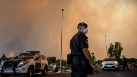 Vista de la humareda causada por el incendio forestal en Cenicientos, Madrid, este viernes. Los fuegos originados en Almorox (Toledo) y San Martín de Valdeiglesias (Madrid) se han fusionado en un solo frente que ha obligado a desalojar otros tres municipios del suroeste madrileño