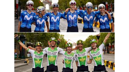 En la fila superior, de izda. a dcha., Hesmann, Cepeda, Oliveira, Castrillo, Romo y García Pierna, en los Campos Elíseos (de Movistar). En la fila inferior, de izda. a dcha., Nicolau, Otruba, Berwick, Oladani y Balderstone, en el mismo escenario