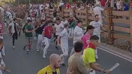 Vídeo del cuarto encierro de fiestas de Tudela 2026 en la curva de entrada a la plaza de toros