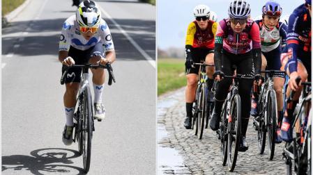 A la izda., Paula Ostiz en la Volta a Catalunya. A la dcha., Idoia Eraso rueda sobre el pavés belga