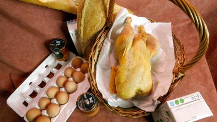 Una mesa con pollo, cuajada y leche, productos habituales en la cesta de la compra