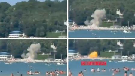 Fotogramas de un vídeo en el que se ve a un dron ucraniano derribado impactando en una playa rusa en el Mar Negro causando seis muertos