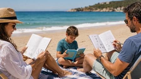 Una familia en la playa con sus cuadernos de actividades de verano