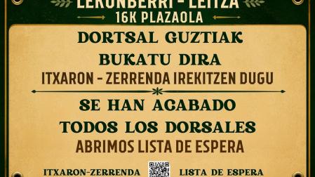 Publicación con la que la nueva Plazaola 16K ha anunciado que ha alcanzado el cupo máximo de inscritos.