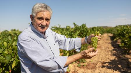 Serafín Vicente Martínez, presidente de la bodega cooperativa cirbonera con un racimo de uva chardonnay