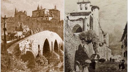 A la izda., grabado al aguafuerte: 'Pampeluna: Returning from the Fair' (Pamplona: regreso de la feria.1887). A la dcha., 'A Hill Town in Navarre' (Un pueblo en la montaña en Navarra, 1888).