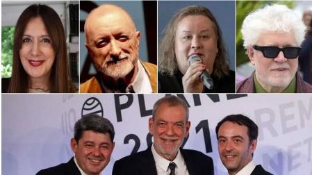 Los autores Dolores Redondo, Arturo Pérez-Reverte, Alana S. Portero, Jorge Díaz, Agustín Martínez y Antonio Mercero --reunidos bajo el pseudónimo de Carmen Mola-- y el cineasta Pedro Almodóvar