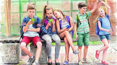 Ilustración de varios niños usando pantallas