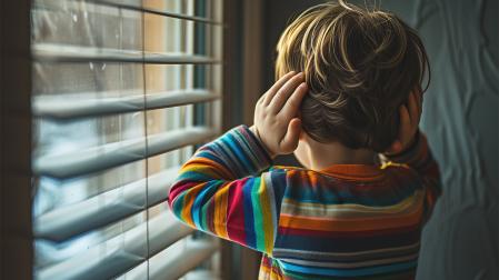 Un niño se tapa los oídos ante una ventana