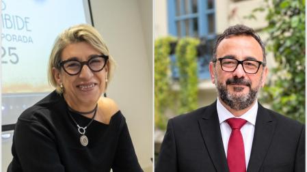 Iciar Les, a la izquierda y Eugenio Miramón, concejal saliente y entrante en Tudela