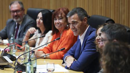 El presidente del Gobierno y líder del PSOE, Pedro Sánchez, durante el encuentro con los parlamentarios socialistas