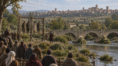 Imagen recreada por la IA de los cuatros ahorcados junto al puente de Miluce en 1351