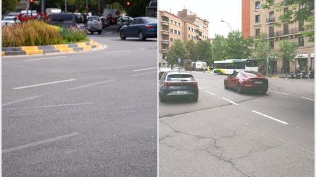 Estado actual de la señalización horizontal de la plaza de Merindades y así estaban las líneas de los carriles cuando se pintaron en abril